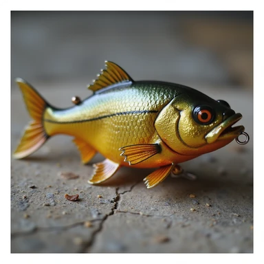 golden fish bait, realistic, metallic shine, detailed sticker