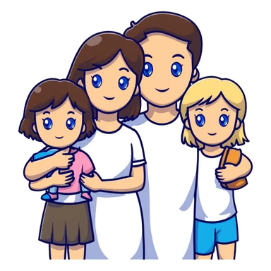 Family portrait with father with dark brown hair and blue eyes, mother with light brown hair and blue eyes, three blonde little girls with blue eyes sticker