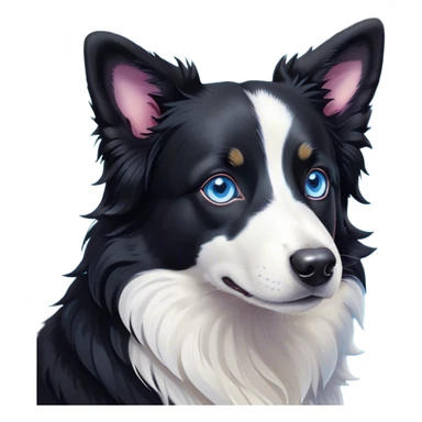 Cinematic Cute Black and White Border Collie Portrait Emoji, Head tilted playfully and inquisitively, with a sleek black and white coat and bright, sparkling blue eyes filled with curiosity, Simplified yet irresistibly adorable features, highly detailed, glowing with a warm, friendly glow, high shine, energetic and affectionate, stylized with a touch of whimsy, bright and endearing, soft glowing outline, capturing the essence of a mischievous yet loving pup, so playful it feels like it could bound out of the screen and into your arms! sticker