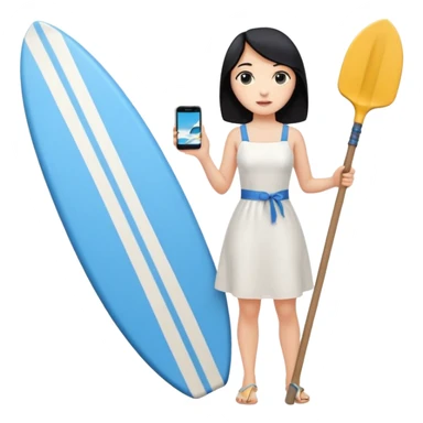 Princess who wearing white dress (woman) black hair holding her phone with her hand and holding long shovel with another hand. Under her feet, there is one blue surfing board. sticker