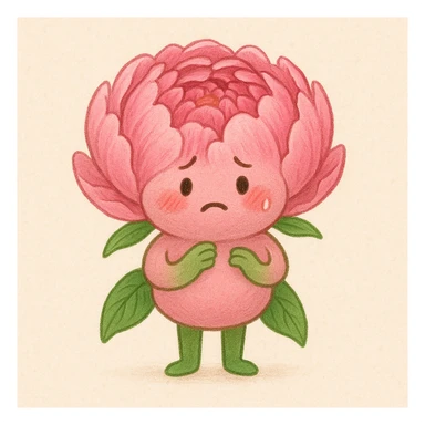 cute anthropomorphic pink peony flower with a round body, arms and legs, blushing cheeks, nervous expression sticker