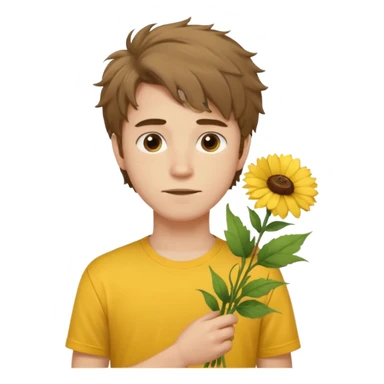 generate an ios genmoji of a 20 year old fair boy with brown long and messy hair with stubble on cheeks. should look like he cant grow a mustache., carrying a flower bouquet, wearing a yellow tshirt, looking shy sticker