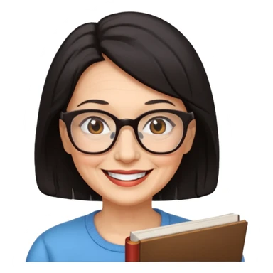 Older woman smiling, with black-brown hair and wearing reading glasses sticker