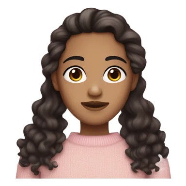 Dark Brown long curly end hair , white skin and dark brown eyes and big lashes wearing a light pink sweater  sticker