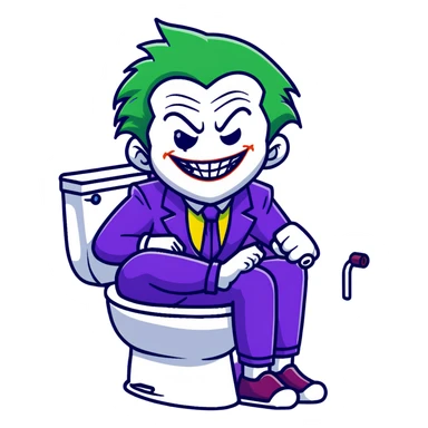 Joker villain sitting on toilet laughing maniacally, green hair, purple suit sticker