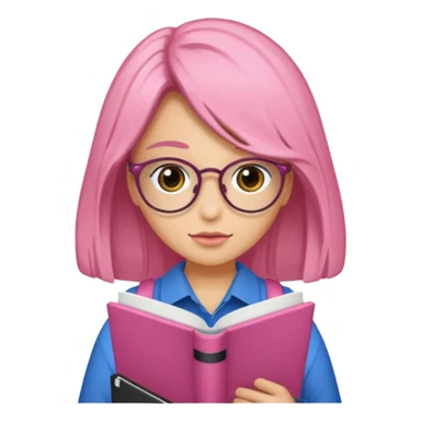 Estudante de cor parda cabelo cacheado loiro escuro de óculos segurando um caderno rosa sticker