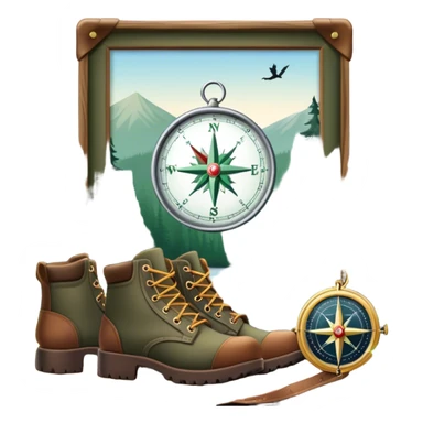 emoji for Hunting Tourism: a rifle, hunting boots, and a compass on a forest background, with a silhouette of wildlife in the distance. The icon should capture the adventure and connection with nature in hunting tourism. Transparent background. sticker