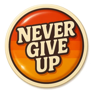 logo with 'Never Give Up' in a circular badge, vintage style, inspiring, transparent background sticker