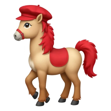 A cute pony (horse) emoji, full body, standing in side view, wearing a stylish red beret. sticker