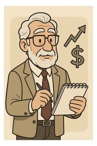 cartoon style older experienced male financial expert, with tie, glasses, notepad sticker