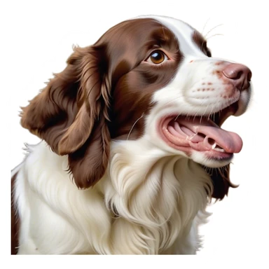 Cinematic Cute Yawning Springer Spaniel Portrait Emoji, Head tilted slightly with a dramatic, wide-open yawn, showcasing a smooth Fur of liver and white with crisp markings, floppy ears slightly drooping, round brown eyes barely open in drowsy contentment, Simplified yet irresistibly adorable features, highly detailed, glowing with a soft, cozy glow, high shine, relaxed yet expressive, stylized with a touch of whimsy, bright and endearing, soft glowing outline, capturing the essence of a sleepy yet affectionate companion, so drowsy it feels like it could stretch right out of the screen and curl up for a nap! sticker