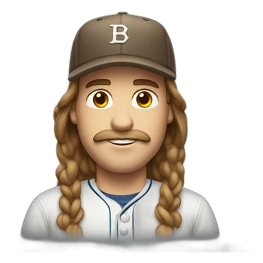 white man with long brown hair and baseball cap and mustache sticker