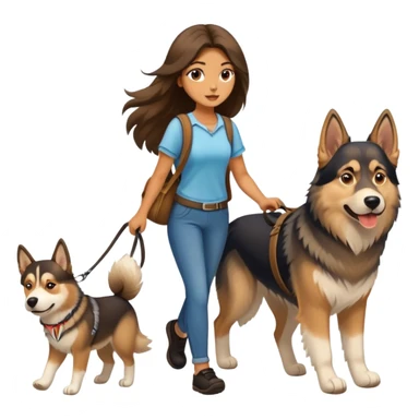 A long-haired girl walking a husky and a German shepherd sticker