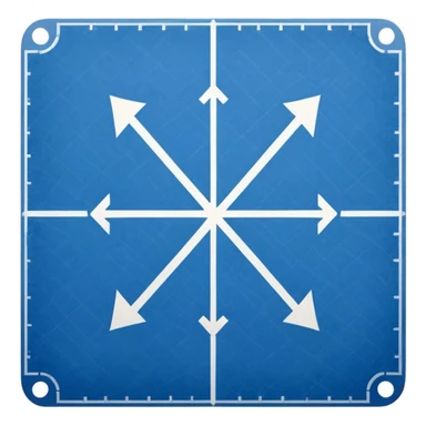 blue blueprint with white lines, an X mark in one corner and a dotted path leading to the mark sticker