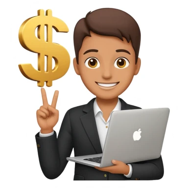 A confident person holding a laptop and dollar sign emoji sticker