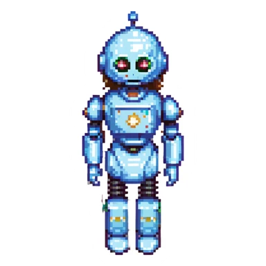 shoulders-up portrait of a cute female recruiter robot, 8-bit pixel art style, metallic, talking, one hand in the air, with long eyelashes sticker