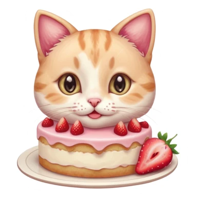 A cute cat happily eating a slice of strawberry cake, pastel color palette, soft shading, big sparkling eyes, kawaii style, highly detailed digital illustration, cozy atmosphere
, sticker