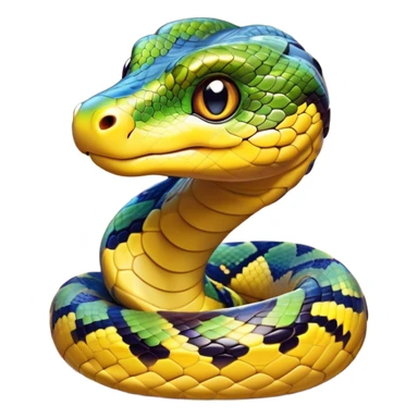 Cinematic Cute Python Portrait Emoji, Head tilted playfully and inquisitively, with a sleek, patterned body accented by vibrant scales and round, sparkling eyes full of charm, Simplified yet irresistibly adorable features, highly detailed, glowing with a warm, inviting glow, high shine, affectionate and lively, stylized with a touch of exotic whimsy, bright and endearing, soft glowing outline, capturing the essence of a mischievous yet loving python that seems as if it could slither out of the screen into your arms! sticker