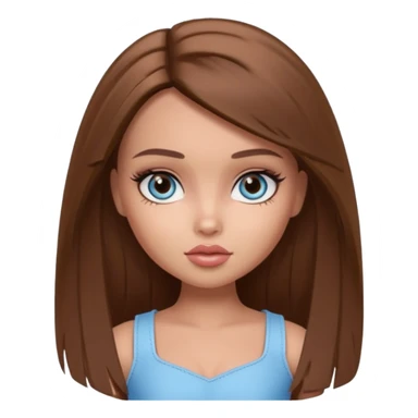 Pretty Bratz doll baddie, straight brown mid lenght hair, pale-tanned skin, natural makeup, light blue-grey eyes sticker