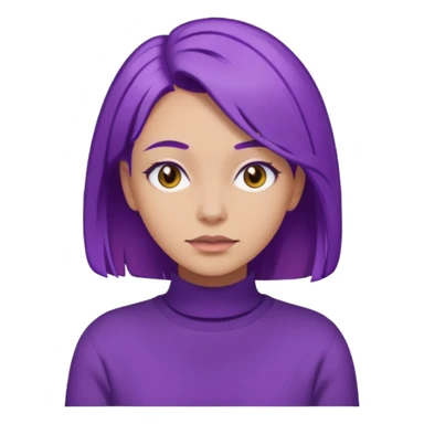 A woman with purple hair and a sweater sticker