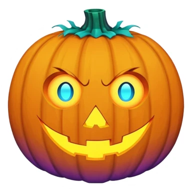 A futuristic glowing jack-o'-lantern face emoji, purple and cyan colors only, dark background sticker