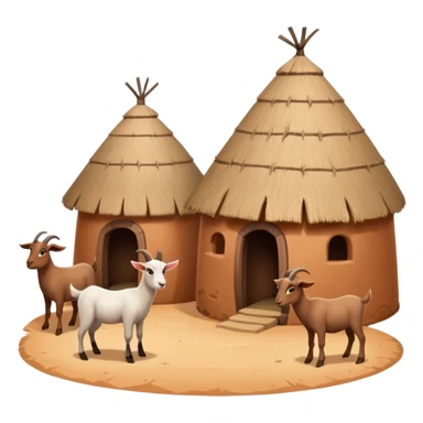 afrikanisches Lehmhüttendorf mit Gras und Ziegen sticker