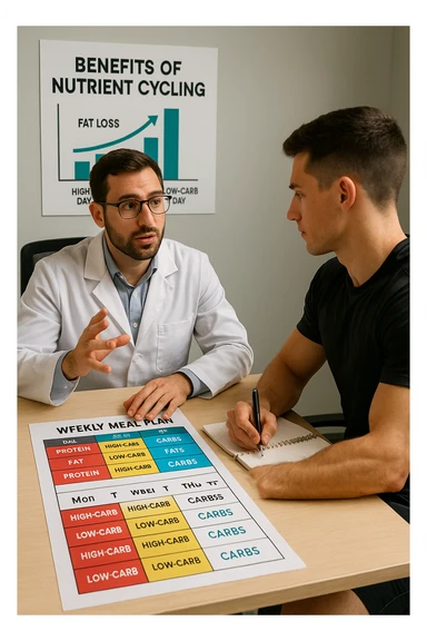 a nutritionist explains to an athlete how to cycle macronutrients for fat loss and training. On the desk, a weekly meal planner shows alternating high-carb and low-carb days, with color-coded sections for proteine, grassi, and carbo. The athlete takes notes, and a chart in the background illustrates the benefits of nutrient cycling. The mood is professional and educational. scritto in italiano sticker