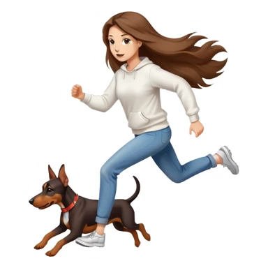 A beautiful girl with long hair wearing a white sweatshirt and jeans is running with a Doberman sticker