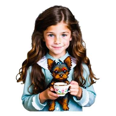 11 year old girl with freckles and long wavy brown hair, holding a teacup yorkie dog sticker
