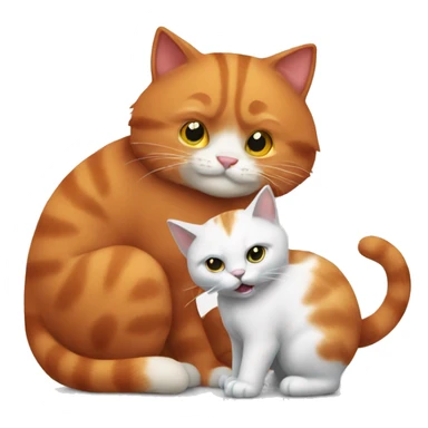 A big red cat playing with a small white-gray cat sticker