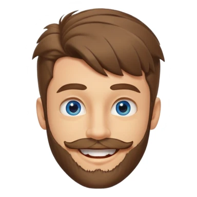25 year old man, short scruffy beard and sparse moustache, brown puffy mullet, blue eyes, big smile, white teeth, big lips, pronounced jaw, hair longer in back, sticking up on top sticker