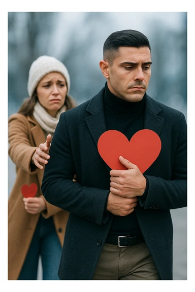 un uomo italiano in abiti casual si allontana da una donna che cerca di abbracciarlo. Lui stringe al petto un grande cuore rosso, mentre lei ne tiene uno più piccolo; entrambi hanno espressioni tristi, e la distanza emotiva è sottolineata da uno sfondo sfocato e freddo. sticker