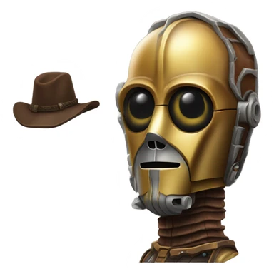 wild west Bounty hunter C3po wearing small hat relaxed pose bearded rusty sticker