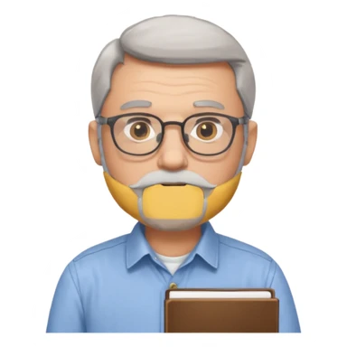 man with gray beard and glasses studying sticker
