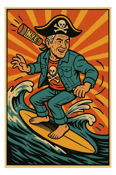 Change the surfer's hair to grey, keep all other details the same, in a style suitable for editing. sticker