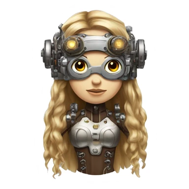Brown long hair with blonde steaks female cyborg head, fair skin, steampunk goggles and circuits sticker