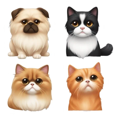 A pekingese dog, 1 orange cat, 1 tuxedo cat and 2 domestic cats sitting together sticker