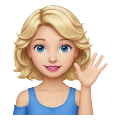 Girl Blonde short wavy hair,  blue eyes, cute blue top, long lashes, pink lips, smiling, one hand palm up sticker