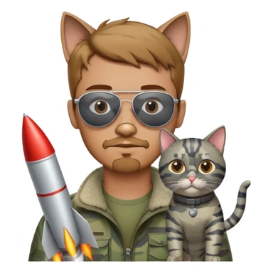 A man with short light brown hair with little beard, in aviator sunglasses, with grey cat in camouflage, making rockets sticker
