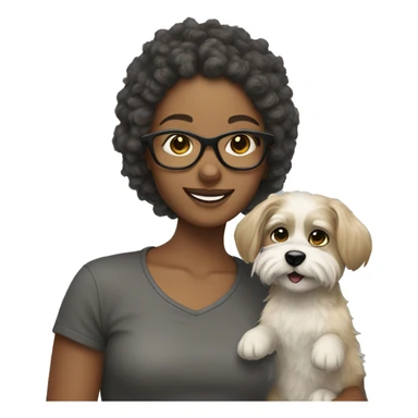 smiling girl with dark blonde hair and glasses holding a scruffy dog with gray and blonde fur sticker