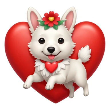 White belgian Dog with a flowerband on head is jumping on a heart sticker