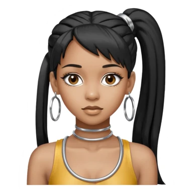 Left Eye from TLC with long black ponytail hair, silver outfit sticker