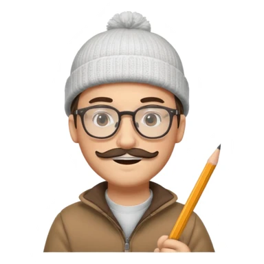 A creative young man with a pencil, glasses and a beanie. He holds a pen in his hand. He has a slight moustache and bit of a beard sticker