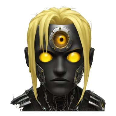black metal male cyborg head with artificial eyeball, circuitry and dreaded yellow gold hair sticker