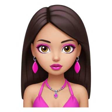 generate a pretty fair bratz girl with dark brown eyes, dark brown hair straight long. Wearing a hot pink halter neck top.  pink lipgloss sticker
