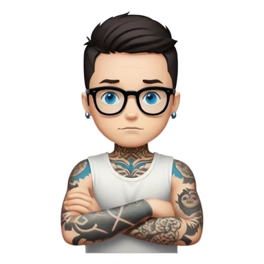 Blue eyed boy with black glasses and tattoos with arms crossed like an x sticker