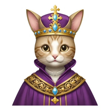 “Half-body humanoid figure with a realistic cat face, wearing ornate bishop robes and a mitre, dark gothic background, dramatic lighting, highly detailed.” sticker