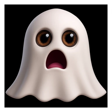 Make the eyes more realistic, with details and shine, keeping the white sheet with holes and the scared expression, in 3D emoji style. sticker