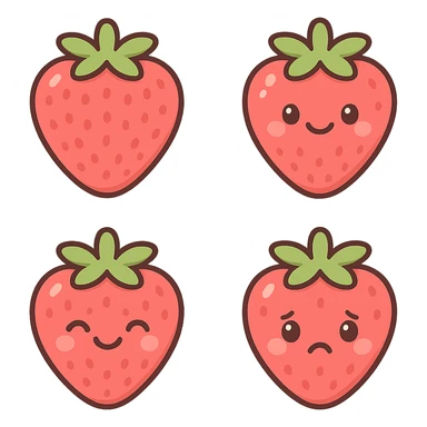 A series of illustrations stawberry in a kawaii emoji style, with detailed shading and highlights, thin clean outlines, soft and rounded features. Pastel color palette using  #FF5B5B, #CE4C4C,#CE4C4CThe style is inspired by modern Japanese pop art and sticker aesthetics. Highly detailed, vector clarity, soft lighting and subtle shadows. Transparent background without background. sticker