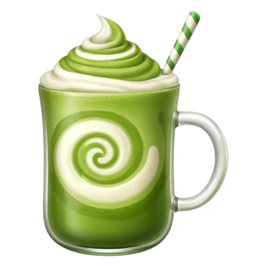 a glass mug of matcha latte with a swirl of foam sticker